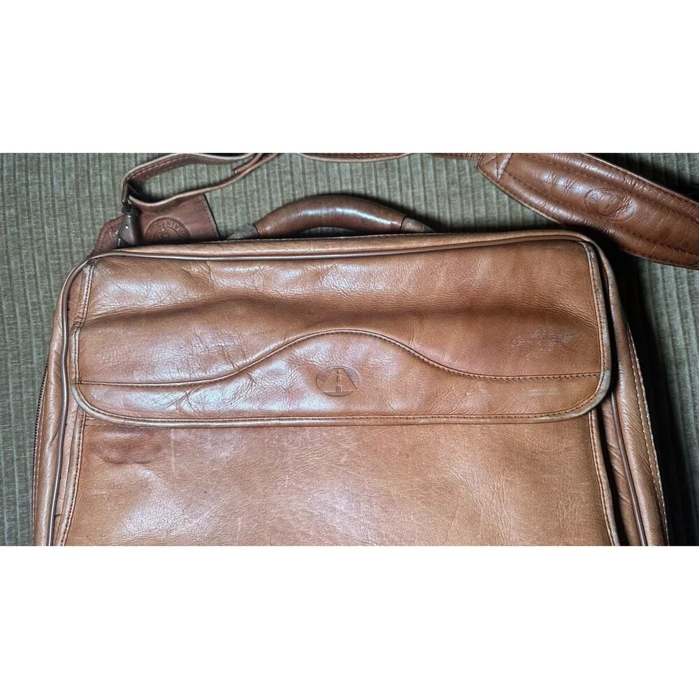 Full Grain Leather Briefcase Laptop Bag Tan Cognac Double Zip
